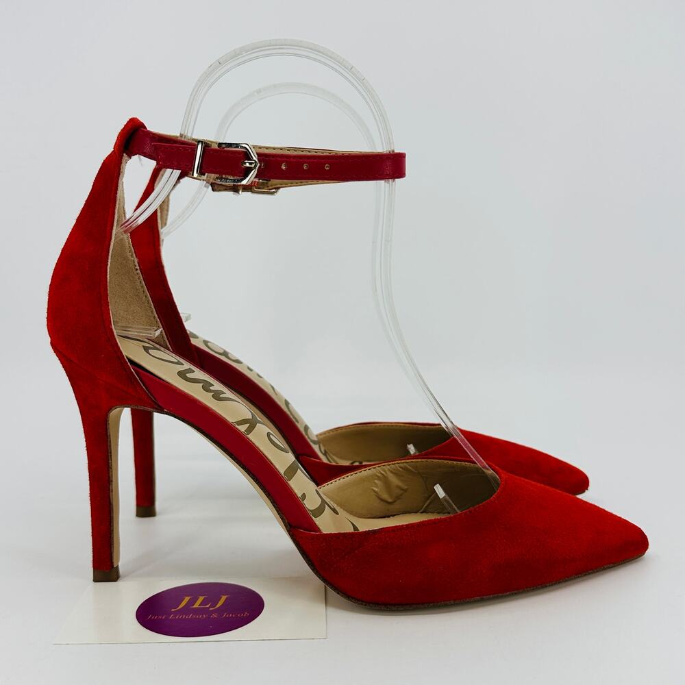 Sam Edelman Women's Harlow Red Suede Ankle Strap Point Toe Pump Heels Size 6